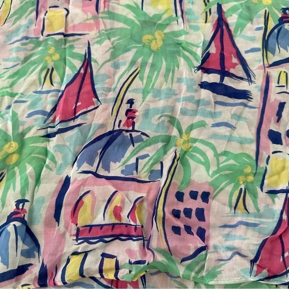 Stella & Dot Pink Green Modal Pastel Sailboat Palm Tree Rectangle Scarf Tassels - Picture 4 of 4